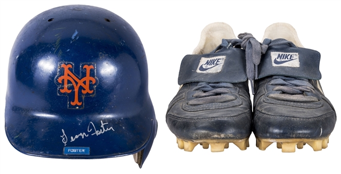 Lot of (2) Circa 1983 George Foster Game Used New York Met Batting Helmet (signed) & Nike Cleats (JT Sports, Beckett)